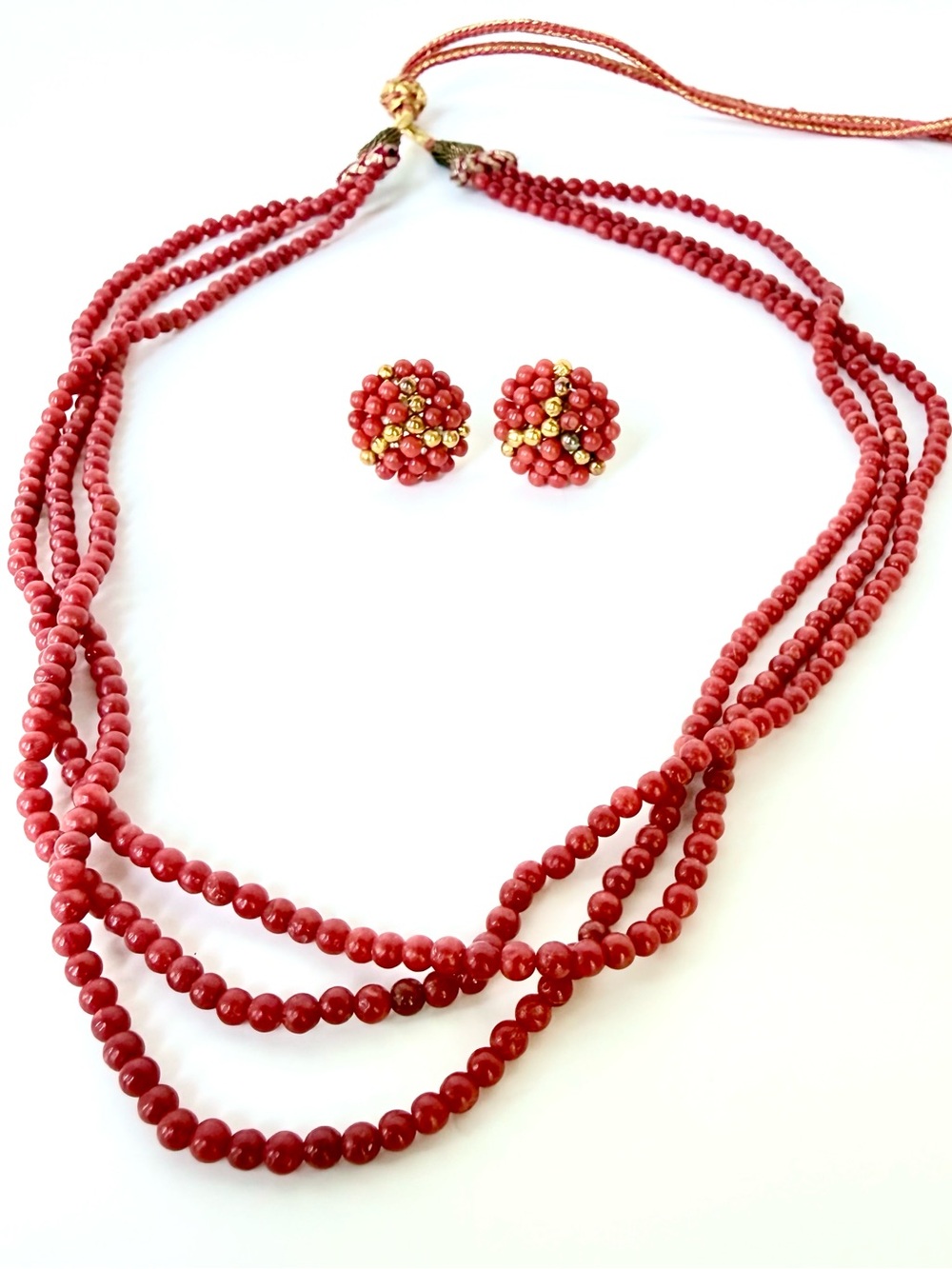 Red Beaded Multi-Strand Necklace and Stud Earrings Set